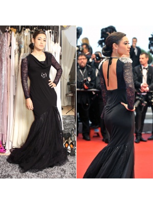 Robe longue noire en jersey et dentelle 