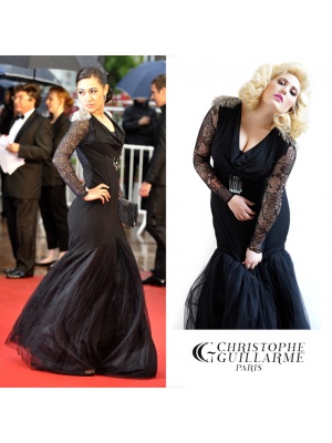 Robe longue noire en jersey et dentelle 